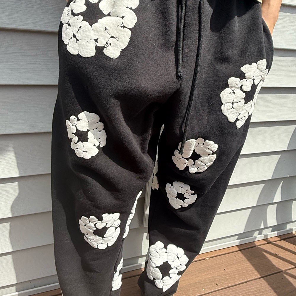 Black Joggers with Raised White Floral Circles